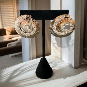 Ashley Stewart Gold Spiral Statement Earrings Crystal Accents Bold Circular Chic